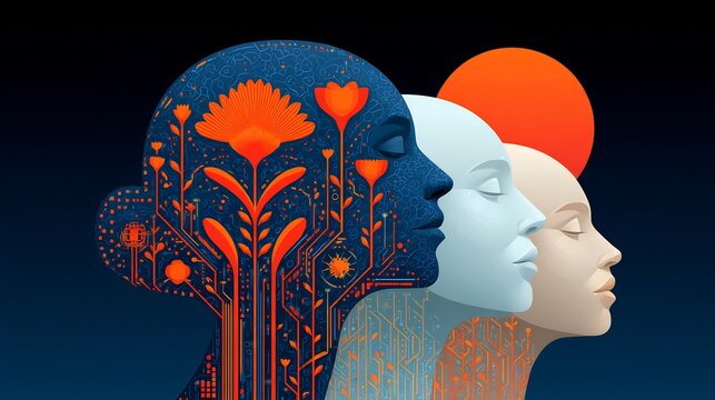 Inclusion Bio Digital Fusion Diversity Inclusion Bio Digital Fusion biomorphic circuitry entwined human silhouettes techno organic unity motif mech organic mesh illustration