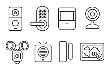 Home security outline icons set – surveillance, protection, safety symbols