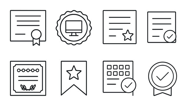 Online certificate linear icons set – outline, diploma and certification symbols