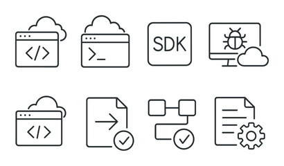 Cloud developer tools line icons set – code, programming and software design symbols