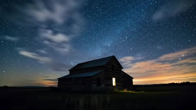 Starry Barn Under the Night Sky: An old weathered barn stands serenely under a canvas of twinkling stars. The dim light from within the barn casts a warm glow.
