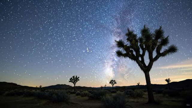 Starry Night in the Desert: Majestic Joshua trees stand silhouetted against the backdrop of a vibrant Milky Way galaxy.