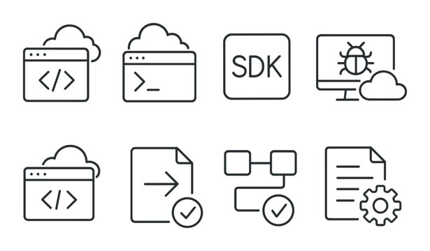 Cloud developer tools line icons set – code, programming and software design symbols