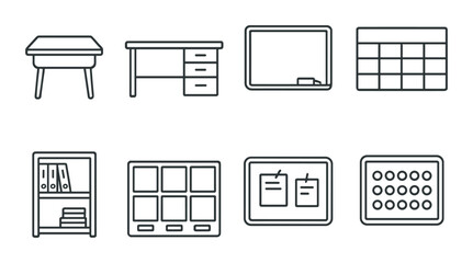 Classroom essentials silhouette icons set – educational, school and learning tools