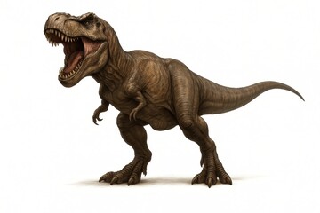 Imposing full-body illustration of a Tyrannosaurus Rex the king of dinosaurs roaring fiercely with sharp teeth and powerful legs isolated on a clean white background