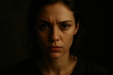 Intense and captivating close-up studio portrait of a woman with striking eyes staring directly at the camera her expression conveying deep thought or emotion