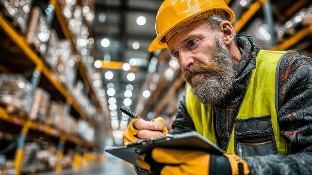 Worker in a Warehouse Wearing Safety Gear and Writing on Clipboard Industrial Environment Log - Powered by Adobe