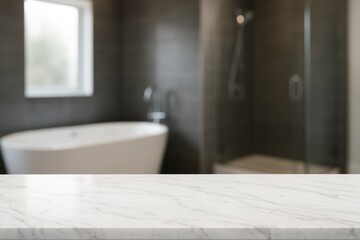 Pristine white marble tabletop in a luxurious, brightly lit bathroom, perfect for displaying high-end beauty products, with a softly blurred modern interior background.