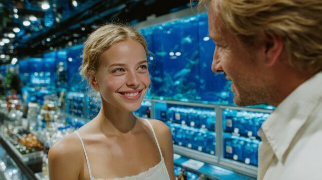 A couple sharing a moment in an aquarium surrounded by vibrant marine life and colorful exhibi