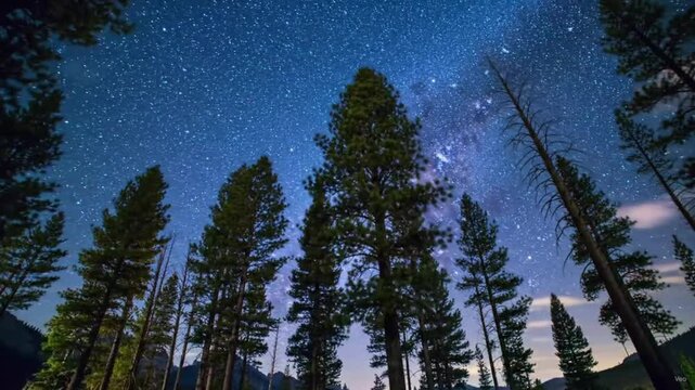 Stargazing Serenity: Beneath a canopy of shimmering stars, towering trees reach towards the expansive night sky, capturing the awe-inspiring beauty of the cosmos and the tranquility of a forest.