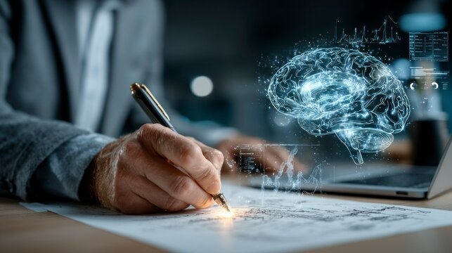 Advanced Neurology Research A Hand Writing with a Futuristic Brain Model Floating in the Backg