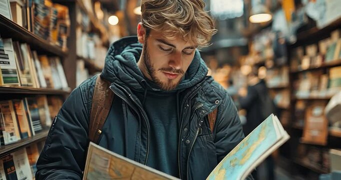 A young person, in a blue jacket, reads a map while holding it open in a library setting. Shelves filled with books. The scene showcases a medium shot of the person, focusing on the open map. Blurred