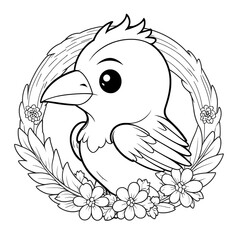Adorable Baby Bird in Floral Wreath: A Coloring Page