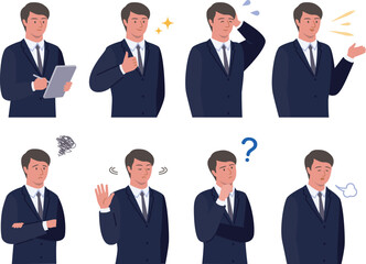 スーツを着た若い会社員男性の色々な表情パターンのベクターイラスト