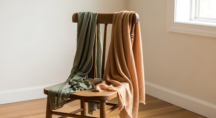 Two beautiful scarves, one olive green and one warm brown, hang gracefully over a wooden chair in a softly lit room, creating a cozy and inviting atmosphere.
