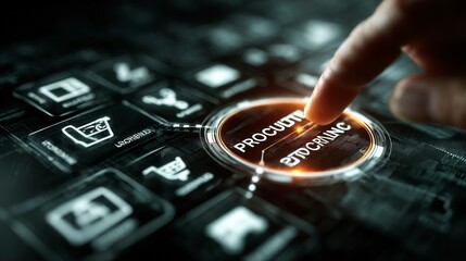 Finger Pressing a Procurement Automation Button on a HighTech Interface Highlighting Modern B