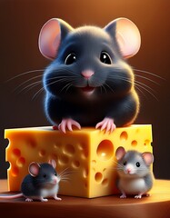 Ein 3D-Hamsterbaby und ein Mäusebaby klettern gemeinsam auf einem Stück Käse