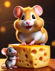 Ein 3D-Hamsterbaby und ein Mäusebaby klettern gemeinsam auf einem Stück Käse