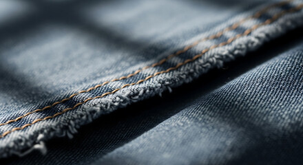 The image features a close-up view of denim fabric, highlighting the texture and intricate stitching. The light falls softly, emphasizing the rugged yet stylish quality of the material.