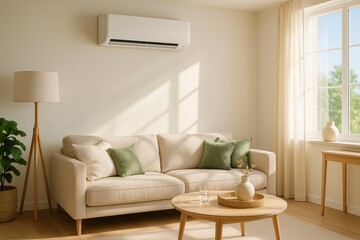 Summer Comfort Modern Living Room Interior with a Sleek White Air Conditioner Unit Mounted on the Wall Efficiently Cooling the Space on a Hot Day