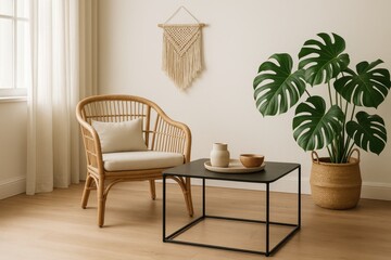 Sun-drenched minimalist living room showcasing a natural rattan armchair a sleek black metal coffee table and a large tropical monstera plant creating a serene Japandi-boho vibe.