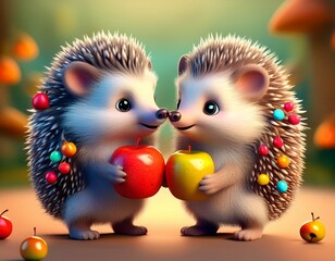 Zwei 3D-Igelbabys stehen Rücken an Rücken und halten winzige bunte Äpfel in ihren Pfötchen - obrazy, fototapety, plakaty