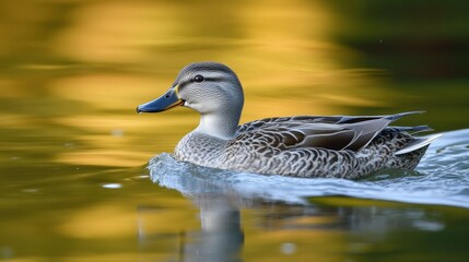 Obraz premium Graceful duck gliding on golden water.