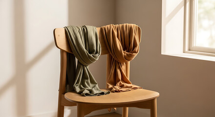 Two elegant scarves in warm colors rest on a wooden chair in a softly lit room. The sunlight casts gentle shadows, enhancing the cozy atmosphere.