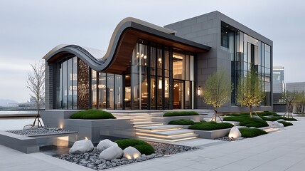 Luxury chinese architecture with floral landscaping high resolution image