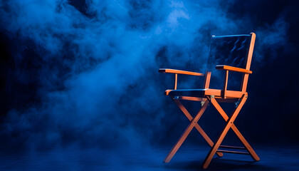 One empty director's chair on dark blue background with smoke