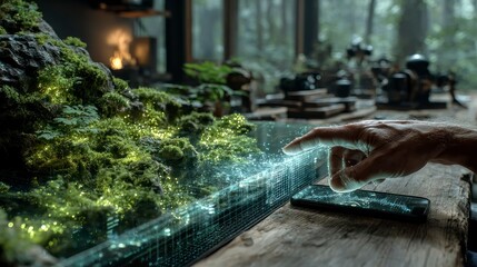 Futuristic Hand Interacting with Augmented Reality Moss Garden Digital Technology Meets Nature