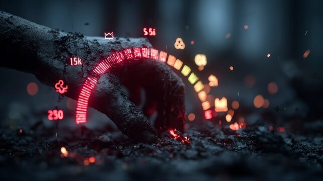 Futuristic Hand with Glowing Speedometer Display in a Dark Mysterious Environment