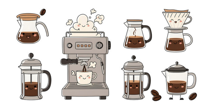 Playful vector doodle series of coffee brewing methods. Loose sketches of pour-overs, espresso machines, steam swirls, and coffee beans in a minimalist, flowing line art style with quirky details