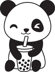 A panda holding bubble tea and winking