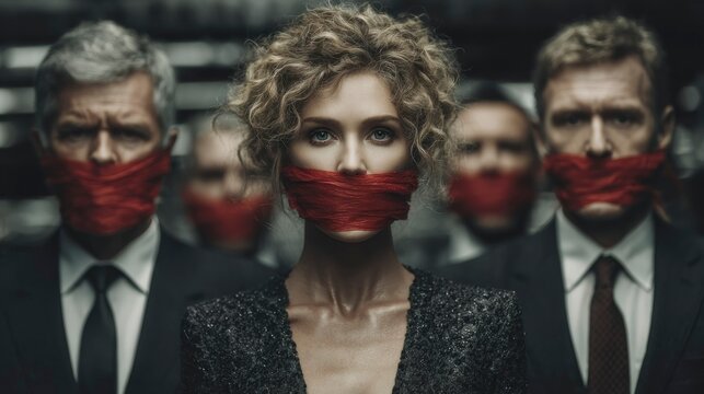 Group of Individuals with Red Tape Over Mouths Symbolizing Censorship and Freedom of Speech Is