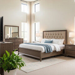 A bright, spacious bedroom with neutral tones featuring a bed with tufted headboard, dresser, nightstands, and tall windows draped with sheer curtains.