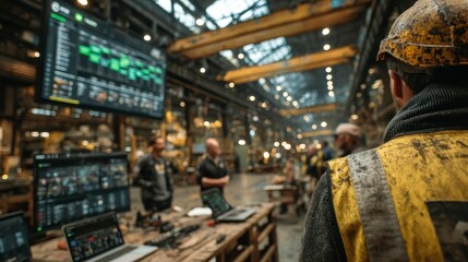 Fototapeta premium Industrial Worker in a HighTech Manufacturing Environment with Digital Screens and Machinery
