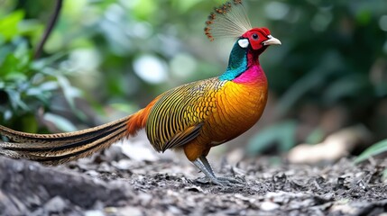 Fototapeta premium Vibrant pheasant with colorful plumage in a natural setting.