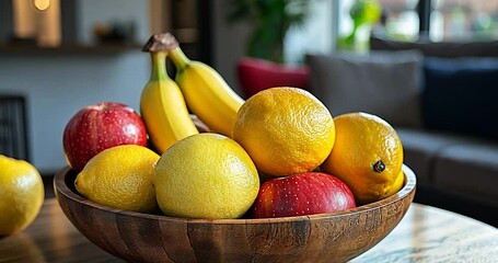 Close-up shot of fruit basket. Red and yellow fruits including apples and lemons in a wooden bowl. Background features blur of a room with furniture. Bright lighting - Powered by Adobe