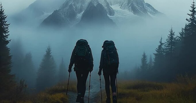 Two backpackers walk along a forest path on a misty day. Mountain is blurred in the background. Back view of two people walking with poles in the mountains. Cloudy, foggy, misty, and atmospheric
