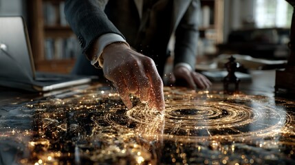 Interactive glowing digital map futuristic technology businessman hand gesture