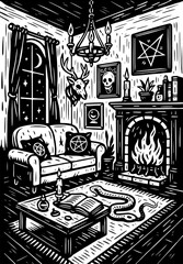 Occult gothic living room interior, witch house illustration with fireplace, ritual book, skulls, snake, candles and pentagram decor