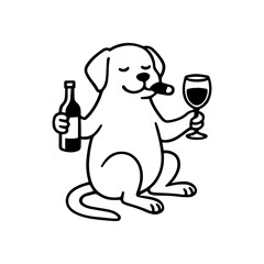 Funny dog smoking cigar, holding wine bottle and glass in cartoon line style for humorous decoration