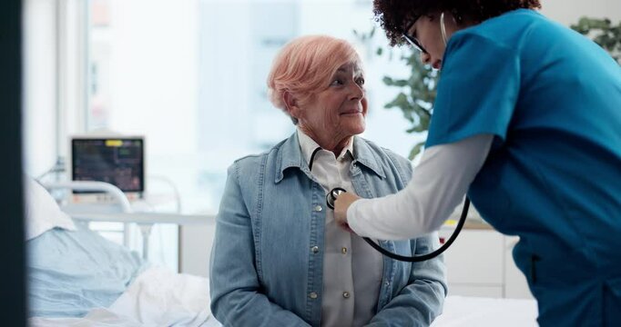 Healthcare, old woman and nurse with stethoscope for breathing, asthma or chest checkup in clinic. People, senior patient and cardiologist with medical tools for lung health, wellness or hospital bed