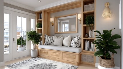 Minimalist hallway corner with soft cushions high resolution image