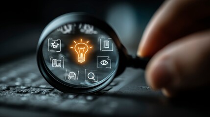 Magnifying Glass Revealing Digital Icons and a Glowing Light Bulb Symbolizing Innovation and Di