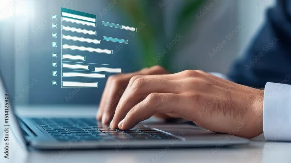 Poster hands typing on laptop with visual data analysis concepts overlay for technology and business soluti
