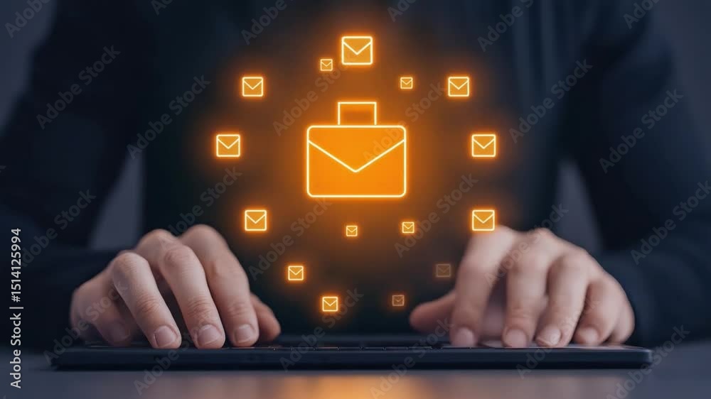 Poster person typing on keyboard with floating email icons representing digital communication and networkin