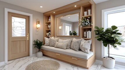 Modern entryway with cozy seating bench high resolution image