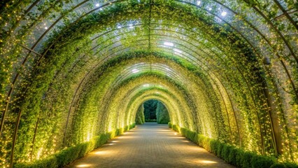 Obraz premium Enchanted Garden Pathway A Serene Illuminated Walkway Underneath a Lush, Arched Canopy of Vines and Twinkling Lights